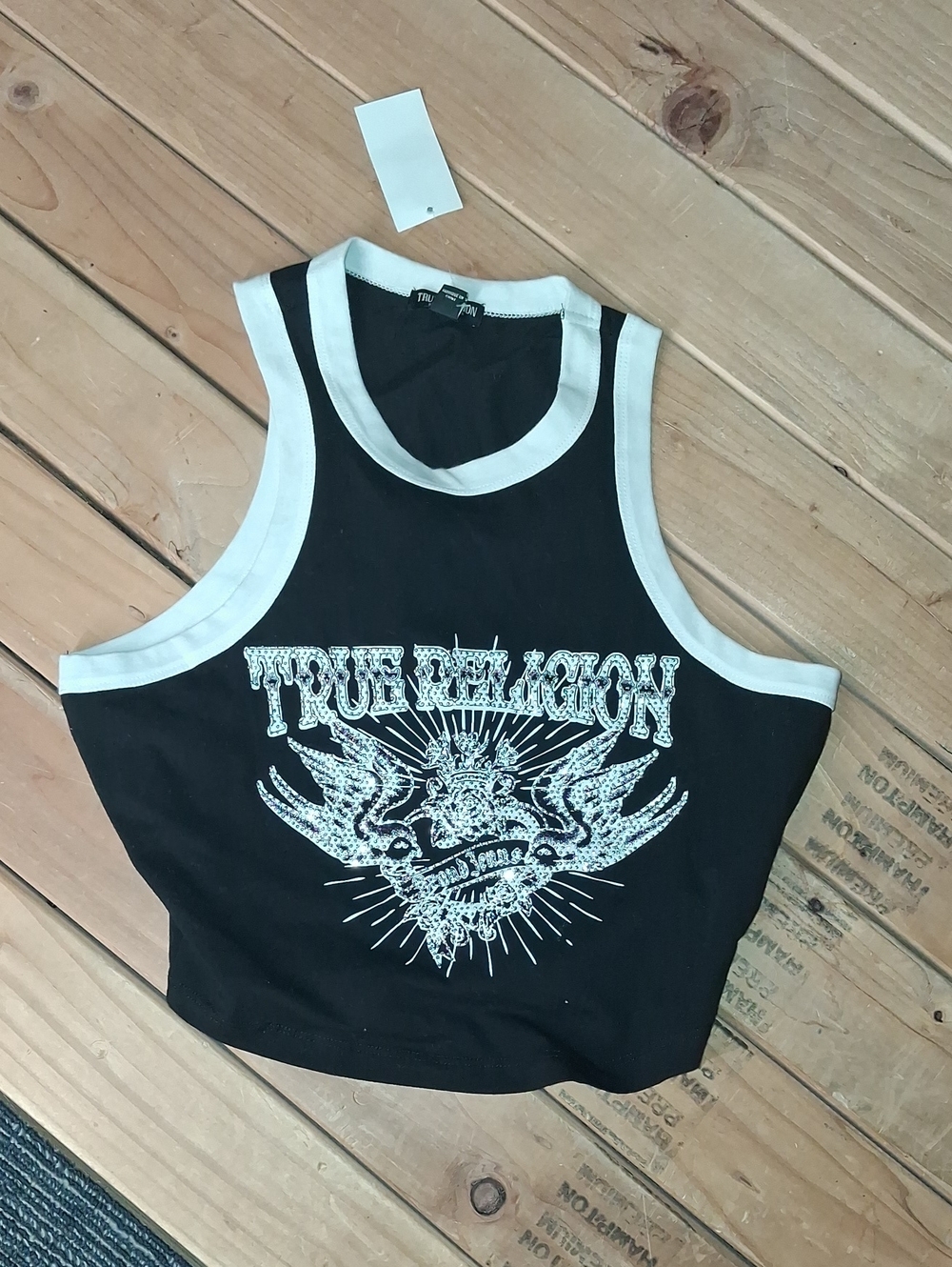 True Religion Black and White Graphic Ringer Tank